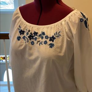Tantrum White Peasant Top with Blue embroidery